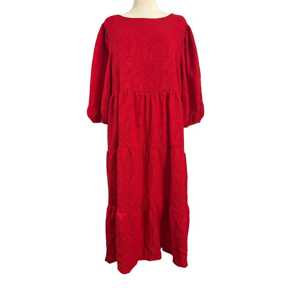 AVA & VIV Red Tiered Long Maxi Dress | Short Sleeve Shimmery 4th of July | 1X‎